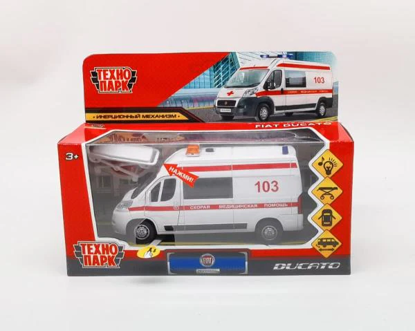 Машина металл свет-звук FIAT DUCATO СКОРАЯ 14 см, двер, ин, тележ, бел, кор. Технопарк в кор.2*36шт