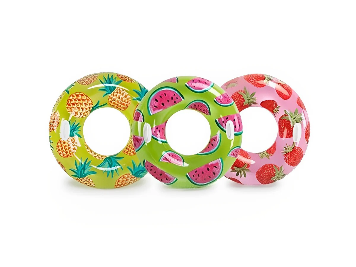 Круг надувной INTEX "Tropical Fruit Tubes" (Тропические фрукты), с ручками-держателями, от 9 лет, 107 см